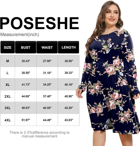 Vista 6 de POSESHE Vestidos de talla grande para mujer, manga larga, cuello redondo, vestidos casuales de cintura imperio, vestido suelto con bolsillos