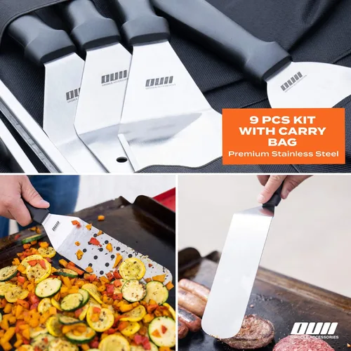 Vista 4 de Accesorios de plancha plana para parrilla Blackstone y Camp Chef - Juego de 9 piezas con kit de limpieza de plancha y bolsa de transporte. Espátula