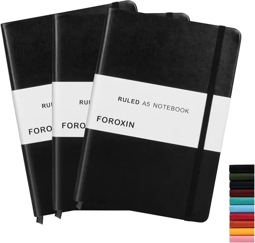 Vista 12 de Cuaderno rayado de tapa dura, tamaño A5, con forro de 8.3 x 5.7 pulgadas, papel grueso premium de 80 gsm (100 hojas/200 páginas). Tapa dura de piel