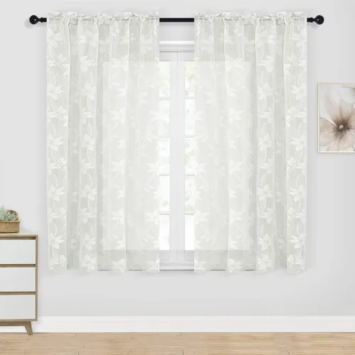 Vista 40 de DWCN Paquete de 2 cortinas traslúcidas pequeñas de encaje floral beige para cocina, cortinas traslúcidas ligeras con bolsillo para barra, cortinas