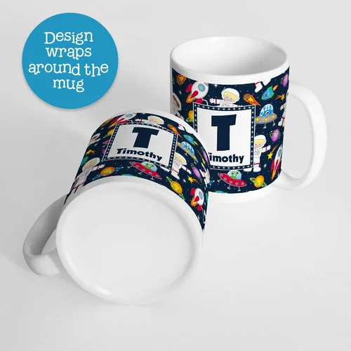Vista 3 de Taza personalizada con patrón espacial para niños, nombre e inicial, polímero ligero