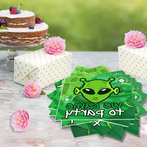 Vista 4 de Platos de Papel de Cumpleaños de Alienígena Servilletas Pequeño Alienígena Juego de Vajilla Desechable Baby Shower Suministros de Fiesta Papel Tema