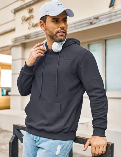 Vista 2 de COOFANDY Sudadera con capucha para hombre, manga larga, casual, con bolsillo, de punto gofre