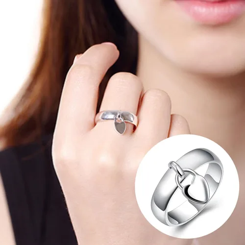 Vista 2 de Anillo de plata de ley 925 con forma de corazón colgante con cierre de corazón clásico para mujer, anillo de moda general
