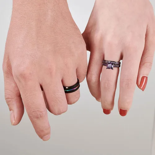 Vista 4 de Sheloves - Anillos de boda chapados en negro para parejas y mujeres, juego de anillos de boda de tungsteno para hombre y mujer