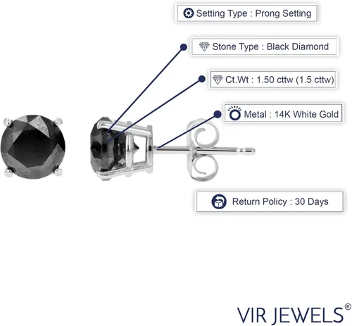 Vista 4 de Aretes de tuerca de diamante negro de 12 ct a 2 ct en oro de 14 quilates, oro blanco, FD9S1.50BLRW