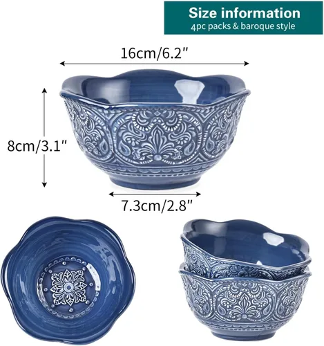 Vista 6 de Sungmor Vajilla de cerámica para cenas finas en relieve, estilo barroco antiguo, cuencos de porcelana con forma de flor de 15,2 cm (591 ml) de 6 4