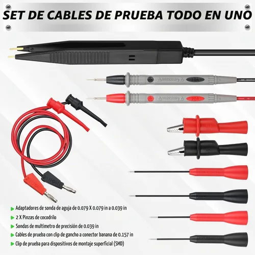 Vista 6 de SWANLAKE - Juego de cables de prueba de multímetro de 11 piezas, sondas de multímetro CAT III 1000V 20A con clips de cocodrilo, sonda de aguja, clip