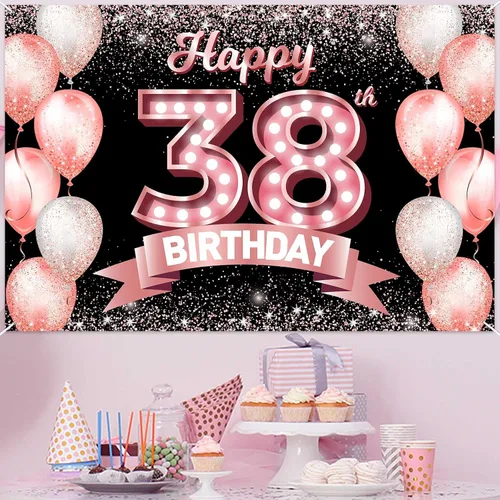 Vista 328 de Cartel de feliz cumpleaños décimo oro rosa, telón de fondo, saludos a 10 años, globos de confeti, decoración temática para niñas de 10 años