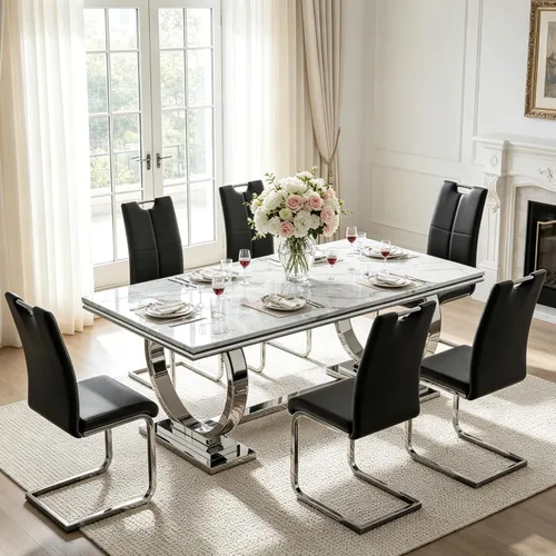Vista 13 de Juego de mesa de comedor de mármol para 4, mesa de cocina rectangular de mármol blanco de 70 pulgadas con base en O de acero inoxidable dorado