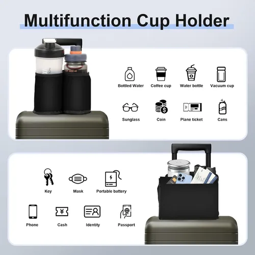 Vista 6 de Portavasos de viaje para equipaje para maletas manos libres, accesorios de viaje, accesorio portavasos para bebidas de equipaje de mano, regalo Negro