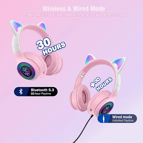Vista 3 de Auriculares plegables inalámbricos Bluetooth 5.1 con luz LED, VIGROS estéreo, música, sonido envolvente con micrófono AUX para PC, pad, móvil