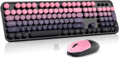 Vista 15 de MOWUX Combo de teclado y mouse inalámbricos, máquina de escribir de tamaño completo, teclado de computadora redondo retro, lindo mouse óptico, 2.4G