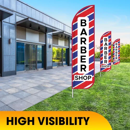 Vista 4 de OnPoint Wares Banderas de Barber Shop King – Paquete de 2 Banderas de publicidad exterior de 3 pies x 11.5 pies para negocios de peluquería