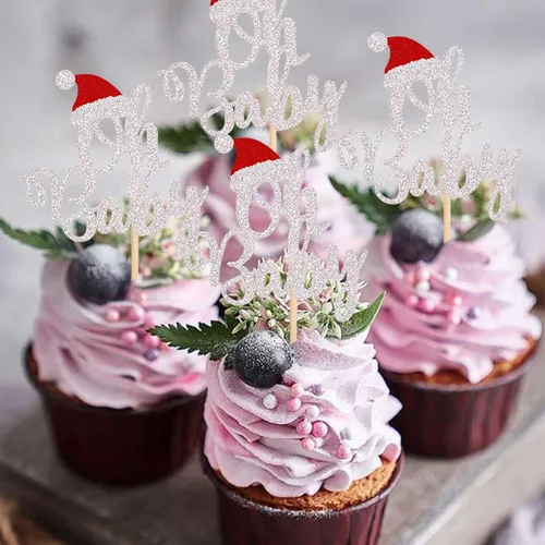 Vista 5 de Paquete de 24 Adornos Navideños Oh Baby para Cupcakes con Sombrero de Navidad con Purpurina, Palillos de Comida para Baby Shower para Niños y Niñas