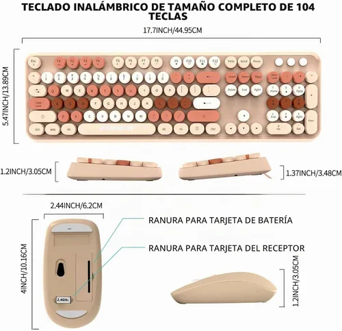 Vista 2 de FD Combo de teclado y mouse inalámbricos, bonito teclado y mouse coloridos con teclado retro inalámbrico de 2.4 GHz, apagado automático, receptor