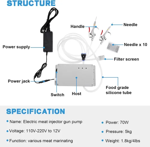 Vista 5 de Bomba eléctrica inyectora de carne con manguera, jeringa inyectora de marinada de acero inoxidable de 70 W con 10 agujas para barbacoa, pavo, cerdo