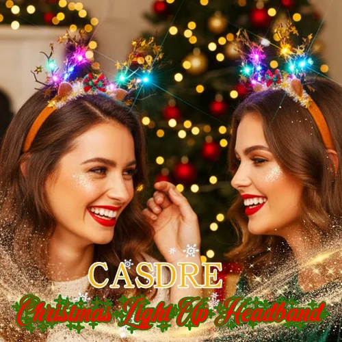 Vista 5 de CASDRE Diadema de Navidad iluminada, diadema de cornamenta de reno dorado, accesorios para el cabello con lazo de Navidad para mujer