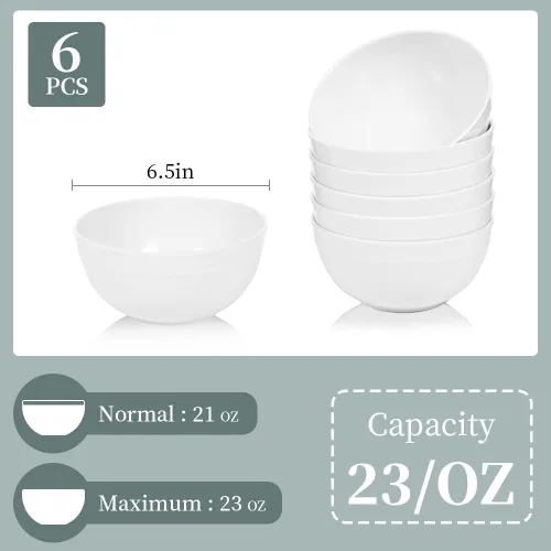 Vista 3 de Cuencos de melamina para cereales, cuencos blancos de 23 onzas, cuencos de sopa, 6 cuencos de ensalada, juego de 6, irrompibles, aptos