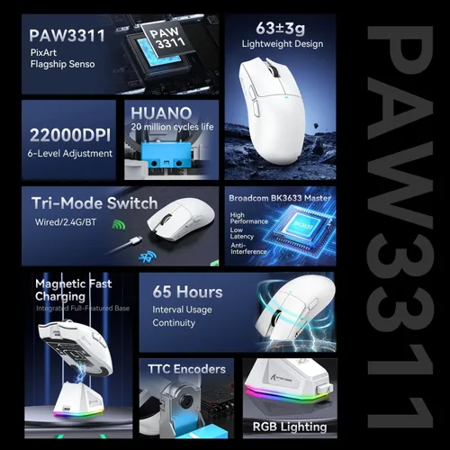 Vista 3 de ATTACK SHARK X11 Ultra-Light Triple Mode Gaming Mouse PAW3311 Sensor óptico 22K DPI 5 botones programables con soporte de carga magnético para Blanco