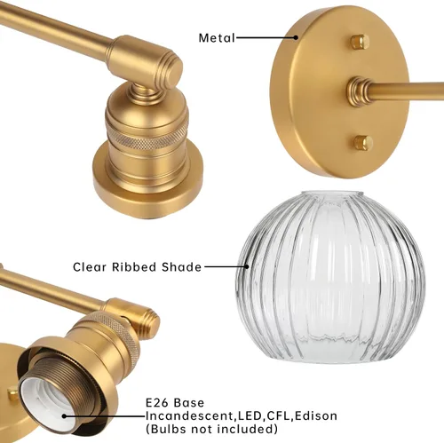 Vista 6 de Aplique industrial de pared de vidrio de doble brazo con pantalla de globo a rayas transparentes, lámpara de tocador de pared de 2 luces