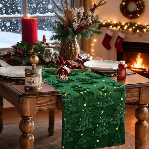 Vista 8 de IVAPUPU Camino de mesa de Navidad para vacaciones de invierno, árbol de Navidad verde de felpa suave con pelusa, decoración del hogar de Navidad