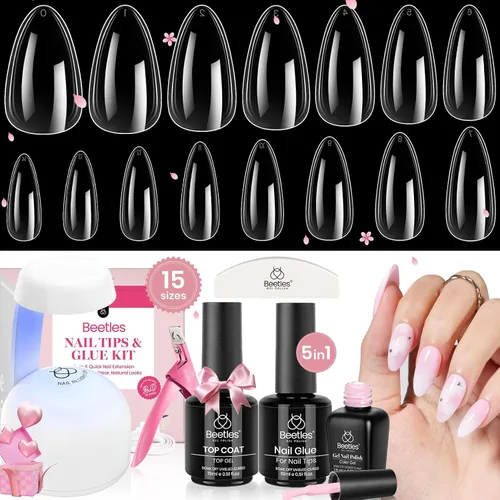 Vista 23 de Kit de extensión de uñas en gel Beetles, forma almendra, fácil set de pegamento UV LED de 9 en 1, puntas de uñas Etch X, puntas cortas de almendra
