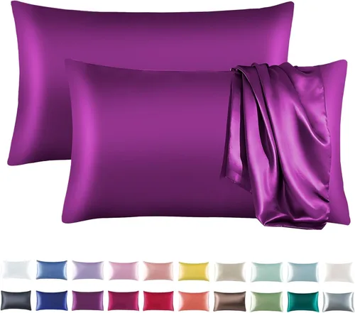 Vista 19 de Tyfitb Juego de 2 fundas de almohada de satén para cabello y piel, color azul bebé, fundas de almohada de enfriamiento tamaño estándar