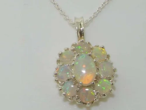 Vista 3 de Ladies Solid 925 Sterling Silver Natural Fiery Opal Large Cluster Pendant Necklace