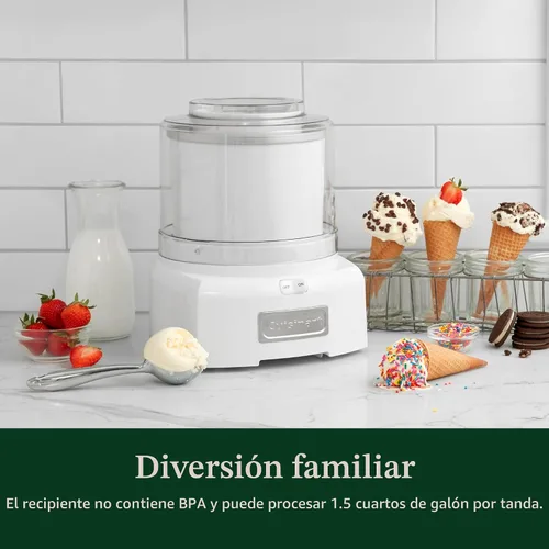 Vista 5 de Máquina para hacer helado Cuisinart, máquina de 1.5 cuartos con doble aislamiento, para sorbete y yogur helado, lista en 20 minutos, ICE-21P1, blanca