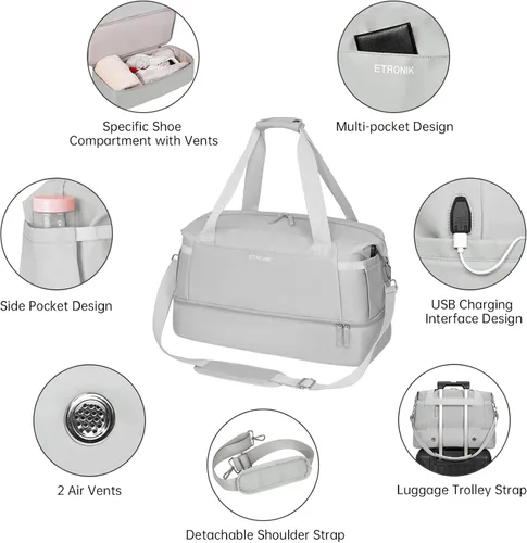 Vista 3 de Bolsa de lona de gimnasio para mujer, gris, Bolsa de gimnasio con puerto de carga USB