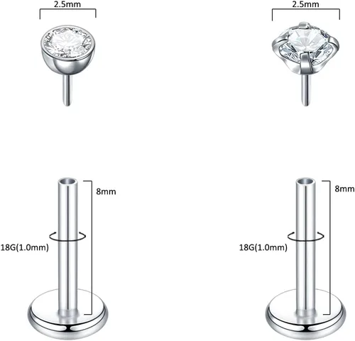 Vista 2 de LOKFF 6PCS 20G 18G 16G Threadless Push in Labret Stud for Lip Nose Ear 681012mm Threadless Earring Labret Stainless Steel Tragus Helix Cartilage