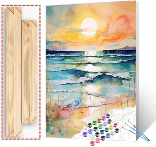 Vista 10 de Pintura por números, puesta de sol, playa, paisaje marino, abstracto, playa, bricolaje, pintura sobre lienzo con pinceles, pinturas acrílicas