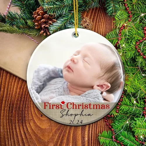 Vista 6 de Adorno personalizado para la primera Navidad, con nombre personalizado, estadísticas de nacimiento, foto, adornos redondos de cerámica para bebés