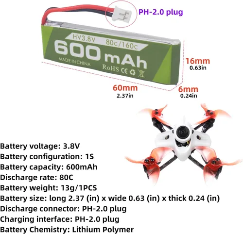 Vista 2 de 4PCS 1S 3.8V 80C 600mAh Li Batería con JST-PH 2.0 Plug Conector con 1S 6 Canales USB Cargador para Cinewhoop Tinyhawk Micro FPV Racing Drones RC RC