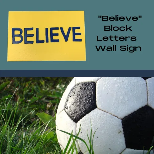 Vista 2 de Letrero de letras Believe para pared o vestuario para fanáticos de los deportes, 11 pulgadas de ancho x 7 pulgadas de alto, para decorar la pared