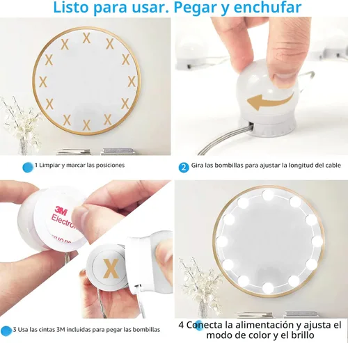 Vista 6 de Luces LED para espejo de tocador con 12 focos adhesivos regulables, 3000K 4500K 6500K y 10 niveles de brillo ajustables, enchufe con cable USB