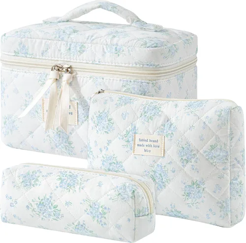 Vista 46 de HBselect Bolsa de Maquillaje Acolchada, 3 Piezas de Gran Bolsa de Maquillaje de Viaje de Algodón, Linda Bolsa de Maquillaje Floral Coquette, Bolsa