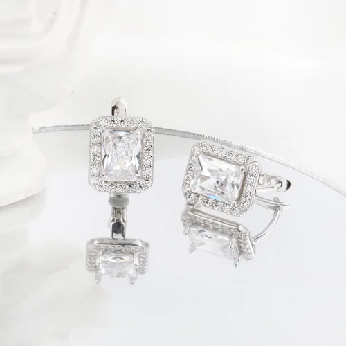 Vista 4 de White Gold Plated 925 Sterling Silver Small CZ Halo Huggie Hoop Earrings Rectangle