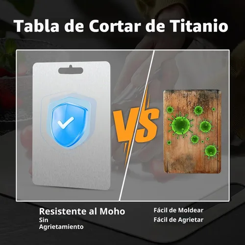 Vista 2 de Tabla de cortar de titanio, tablas de cortar de titanio para cocina, tabla de cortar de acero inoxidable de doble cara, duradera, no tóxica