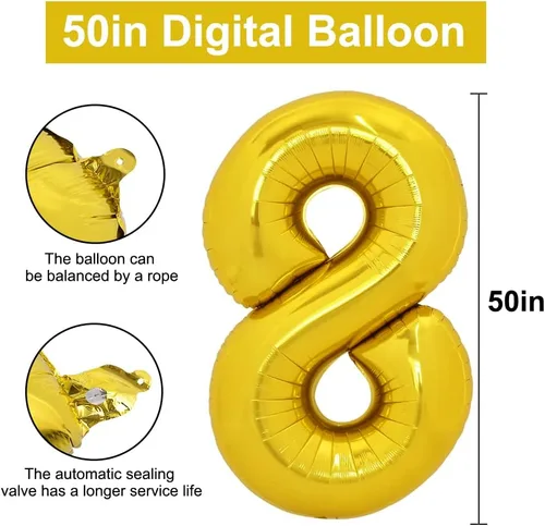 Vista 2 de TONIFUL Globos grandes de 50 pulgadas con números dorados del 0 al 9, globo digital grande de Mylar número 8 digital ocho para fiestas