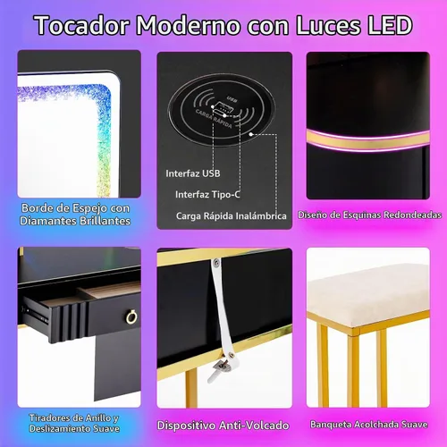 Vista 8 de CHARMAID RBG - Mesa de tocador de maquillaje LED, espejo iluminado colorido, 7 modos dinámicos y 7 estáticos, baúl de 3 cajones, 3 estantes, cajón