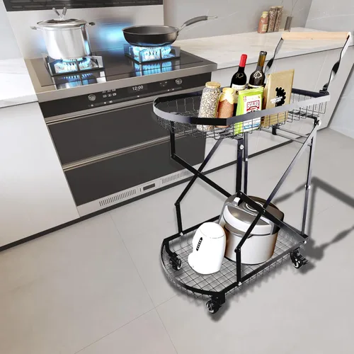 Vista 7 de Carrito plegable multiusos de 2 niveles, carrito de compras plegable móvil con caja de almacenamiento de ruedas y mango de madera para oficina, sala