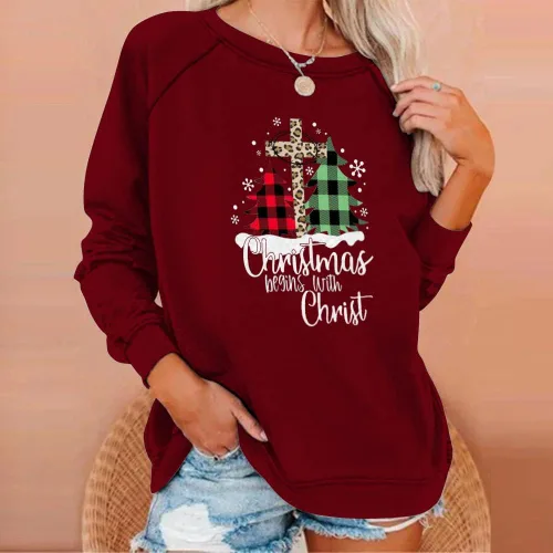 Vista 4 de SIUMOPA Sudadera de Navidad para mujer con estampado de letras de Cristo, sudadera casual con cuello redondo y manga raglán