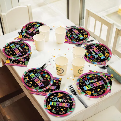 Vista 5 de Tevxj Juego de vajilla de 96 piezas para fiesta mexicana de feliz cumpleaños, platos de postre desechables, platos de fiesta, servilletas, tenedores