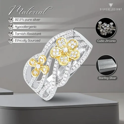 Vista 2 de SILVERCLOSEOUT Anillo de plata de ley con diamantes de imitación en dos tonos (talla 5-9)