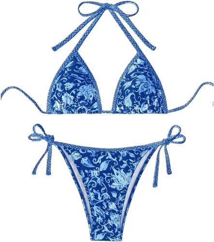 Vista 20 de WDIRARA Traje de baño de dos piezas para mujer estilo boho con estampado floral, conjunto de bikini halter con tiras en forma de triángulo