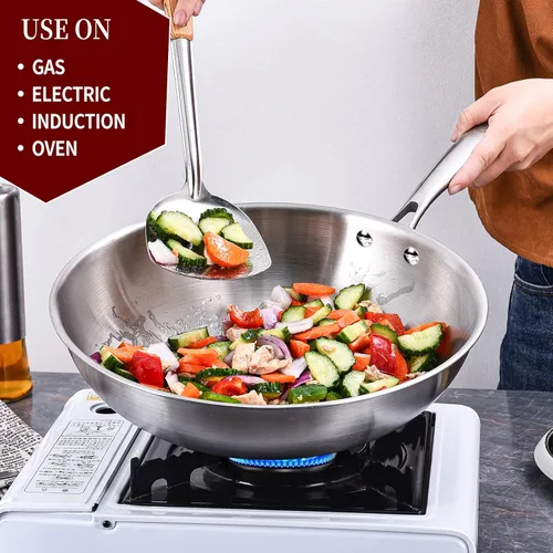Vista 3 de LOLYKITCH Wok de acero inoxidable de 10 pulgadas con tapa de vidrio Mango