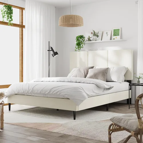 Vista 3 de IOILORI Base de cama tamaño Queen con cabecera tapizada, listones de madera resistentes, no requiere somier, silencioso, fácil montaje, beige