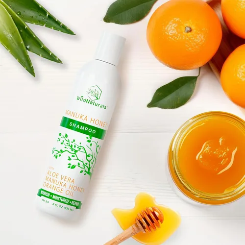 Vista 6 de Wild Naturals Champú de miel de Manuka para eczema y psoriasis, hidratante sin sulfatos con aloe vera y aceite de coco, champú hidratante para cuero